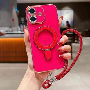 For iPhone 16 Plus Solid Color Electroplated Metal Holder Phone Case with Lanyard(Rose Red)