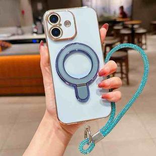 For iPhone 16 Solid Color Electroplated Metal Holder Phone Case with Lanyard(Sierra Blue)