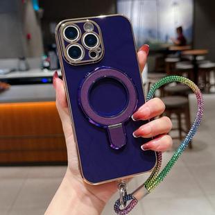 For iPhone 15 Pro Solid Color Electroplated Metal Holder Phone Case with Lanyard(Dark Purple)