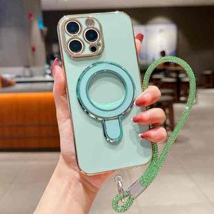 For iPhone 15 Pro Solid Color Electroplated Metal Holder Phone Case with Lanyard(Light Green)