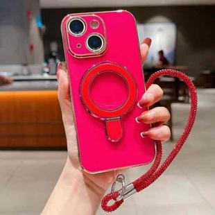 For iPhone 15 Plus Solid Color Electroplated Metal Holder Phone Case with Lanyard(Rose Red)
