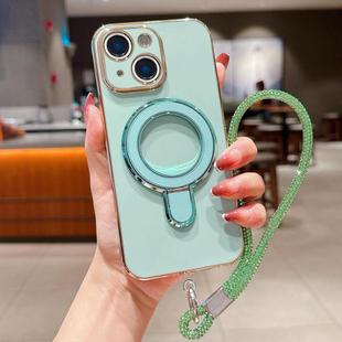 For iPhone 15 Plus Solid Color Electroplated Metal Holder Phone Case with Lanyard(Light Green)