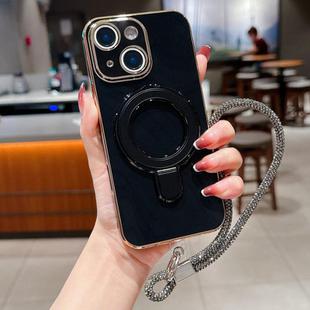 For iPhone 14 Solid Color Electroplated Metal Holder Phone Case with Lanyard(Black)