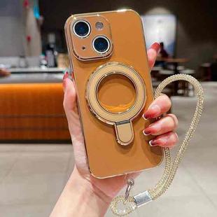 For iPhone 14 Solid Color Electroplated Metal Holder Phone Case with Lanyard(Brown)
