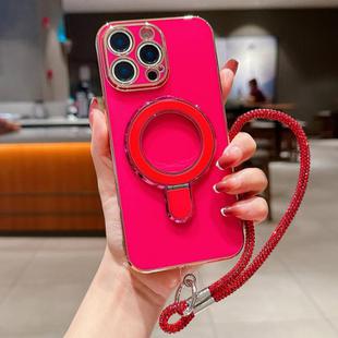 For iPhone 13 Pro Solid Color Electroplated Metal Holder Phone Case with Lanyard(Rose Red)