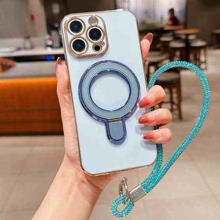 For iPhone 13 Pro Solid Color Electroplated Metal Holder Phone Case with Lanyard(Sierra Blue)