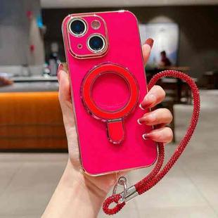 For iPhone 13 Solid Color Electroplated Metal Holder Phone Case with Lanyard(Rose Red)