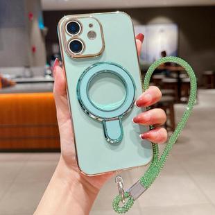 For iPhone 12 Solid Color Electroplated Metal Holder Phone Case with Lanyard(Light Green)