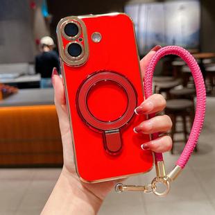 For iPhone 16 Charm Eye Electroplating Metal Holder Phone Case with Lanyard(Red)