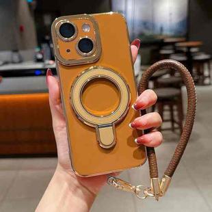 For iPhone 15 Charm Eye Electroplating Metal Holder Phone Case with Lanyard(Brown)