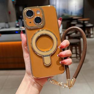 For iPhone 14 Plus Charm Eye Electroplating Metal Holder Phone Case with Lanyard(Brown)
