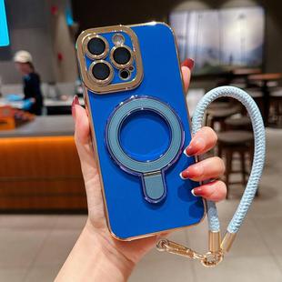 For iPhone 13 Pro Charm Eye Electroplating Metal Holder Phone Case with Lanyard(Blue)