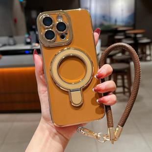 For iPhone 13 Pro Charm Eye Electroplating Metal Holder Phone Case with Lanyard(Brown)