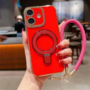 For iPhone 12 Charm Eye Electroplating Metal Holder Phone Case with Lanyard(Red)