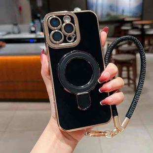 For iPhone 12 Pro Max Charm Eye Electroplating Metal Holder Phone Case with Lanyard(Black)