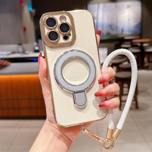 For iPhone 12 Pro Max Charm Eye Electroplating Metal Holder Phone Case with Lanyard(Silver)