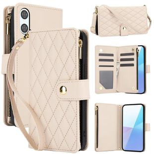 For Sony Xperia 10 VI YM016 Rhombic Zipper Card Wallet Leather Phone Case with Lanyard(Apricot)