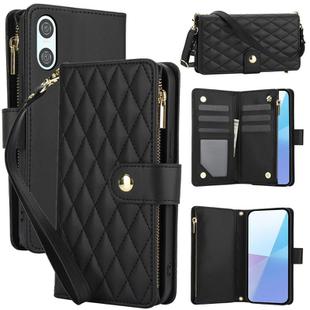 For Sony Xperia 10 VI YM016 Rhombic Zipper Card Wallet Leather Phone Case with Lanyard(Black)