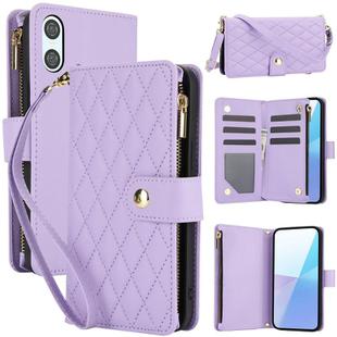 For Sony Xperia 10 VI YM016 Rhombic Zipper Card Wallet Leather Phone Case with Lanyard(Light Purple)
