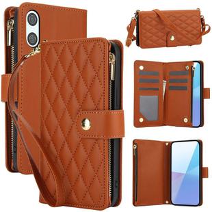 For Sony Xperia 10 VI YM016 Rhombic Zipper Card Wallet Leather Phone Case with Lanyard(Brown)