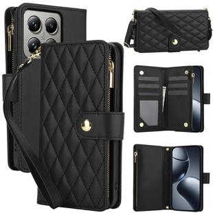 For Xiaomi 14T 5G YM016 Rhombic Zipper Card Wallet Leather Phone Case with Lanyard(Black)