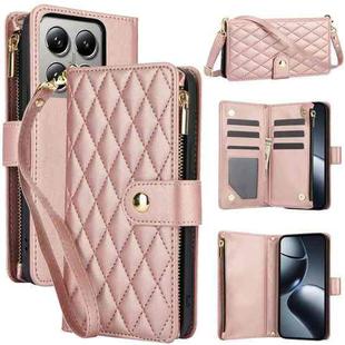 For Xiaomi 14T 5G YM016 Rhombic Zipper Card Wallet Leather Phone Case with Lanyard(Rose Gold)