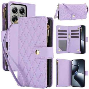For Xiaomi 14T 5G YM016 Rhombic Zipper Card Wallet Leather Phone Case with Lanyard(Light Purple)
