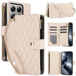 For Xiaomi 14T Pro 5G YM016 Rhombic Zipper Card Wallet Leather Phone Case with Lanyard(Apricot)