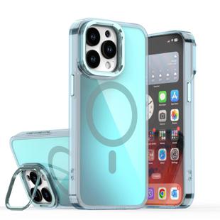 For iPhone 15 Pro Max Plating Gradient Discolor MagSafe Phone Case with Holder(Blue)