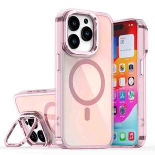 For iPhone 15 Pro Plating Gradient Discolor MagSafe Phone Case with Holder(Pink)