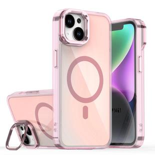 For iPhone 15 Plus Plating Gradient Discolor MagSafe Phone Case with Holder(Pink)