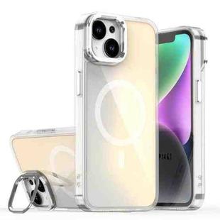 For iPhone 15 Plus Plating Gradient Discolor MagSafe Phone Case with Holder(White)