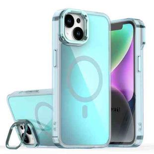 For iPhone 15 Plating Gradient Discolor MagSafe Phone Case with Holder(Blue)