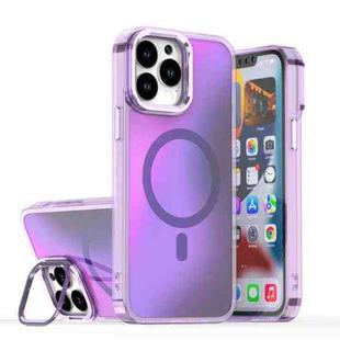 For iPhone 14 Pro Max Plating Gradient Discolor MagSafe Phone Case with Holder(Purple)