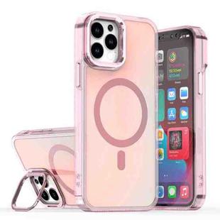 For iPhone 12 Pro Max Plating Gradient Discolor MagSafe Phone Case with Holder(Pink)