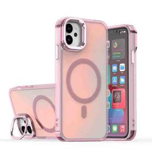 For iPhone 11 Plating Gradient Discolor MagSafe Phone Case with Holder(Pink)
