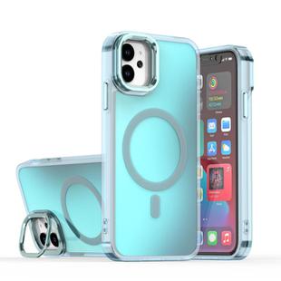 For iPhone 11 Plating Gradient Discolor MagSafe Phone Case with Holder(Blue)