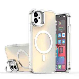 For iPhone 11 Plating Gradient Discolor MagSafe Phone Case with Holder(White)