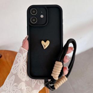 For iPhone 11 Solid Color 3D Love TPU Phone Case with Lanyard(Black)