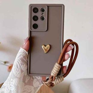 For Samsung Galaxy S24 Ultra 5G Solid Color 3D Love TPU Phone Case with Lanyard(Brown)