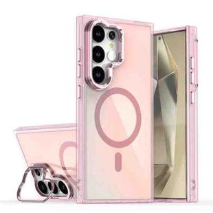 For Samsung Galaxy S25 Ultra 5G Plating Gradient Discolor MagSafe Phone Case with Holder(Pink)
