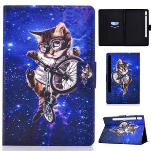 For Samsung Galaxy Tab S8 / Galaxy Tab S7 T870 Colored Drawing Horizontal Flip Leather Case with Holder & Card Slots & Sleep / Wake-up Function(Glasses Cat)