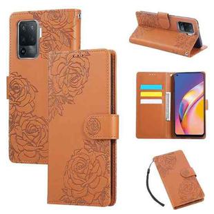 For OPPO A94 4G / F19 Pro Rose Flower Embossed 3-Card Slots Leather Phone Case(Brown)
