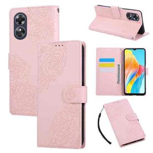 For OPPO A17 4G / A17k Global Rose Flower Embossed 3-Card Slots Leather Phone Case(Pink)