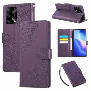 For OPPO A74 4G / F19 4G / Reno6 Lite Rose Flower Embossed 3-Card Slots Leather Phone Case(Deep Purple)