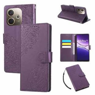For OPPO A5 Pro 5G Global Rose Flower Embossed 3-Card Slots Leather Phone Case(Deep Purple)