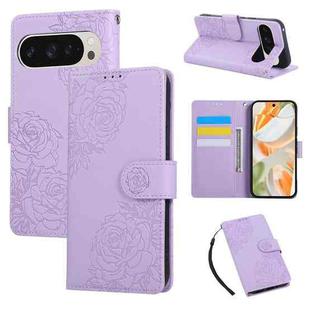 For Google Pixel 10 / 10 Pro Rose Flower Embossed 3-Card Slots Leather Phone Case(Purple)