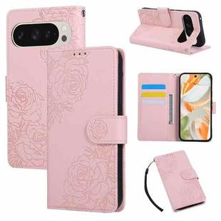 For Google Pixel 10 Pro XL Rose Flower Embossed 3-Card Slots Leather Phone Case(Pink)