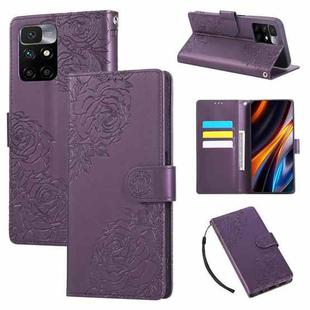For Redmi 10 4G Rose Flower Embossed 3-Card Slots Leather Phone Case(Deep Purple)