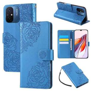 For Redmi 11A 4G Global Rose Flower Embossed 3-Card Slots Leather Phone Case(Blue)